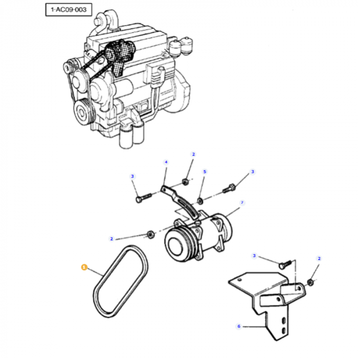 Illustration of a Massey Ferguson - Fan Belt - 3712531M1 by AGCO, with associated parts labeled and numbered for assembly reference.