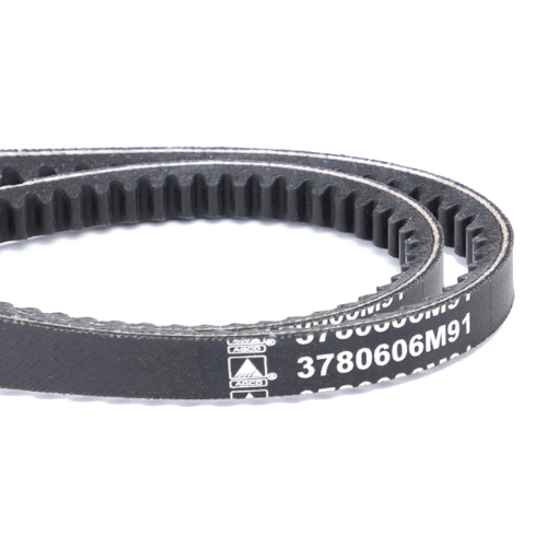 Close-up of a black fan belt with the code "3780606M91" and AGCO logo printed on the surface, designed specifically for Massey Ferguson 7400 Series machinery.