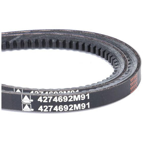 Close-up of a toothed rubber belt labeled with the alphanumeric code 4274692M91, identified as the AGCO Massey Ferguson Fan Belt suitable for Massey Ferguson 6400 Series tractors.