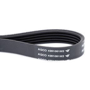 A black ribbed serpentine belt featuring white markings that display "AGCO 4281051M2" and a small logo on a white background, designed specifically for Massey Ferguson 5400 Series and 6400 Series tractors, identified as the Massey Ferguson - Fan Belt - 4281051M2 from the AGCO brand.