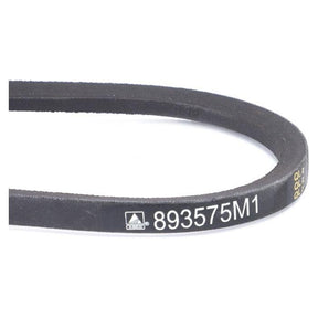 Close-up image of a black AGCO Massey Ferguson fan belt with the product code "893575M1" printed in white.