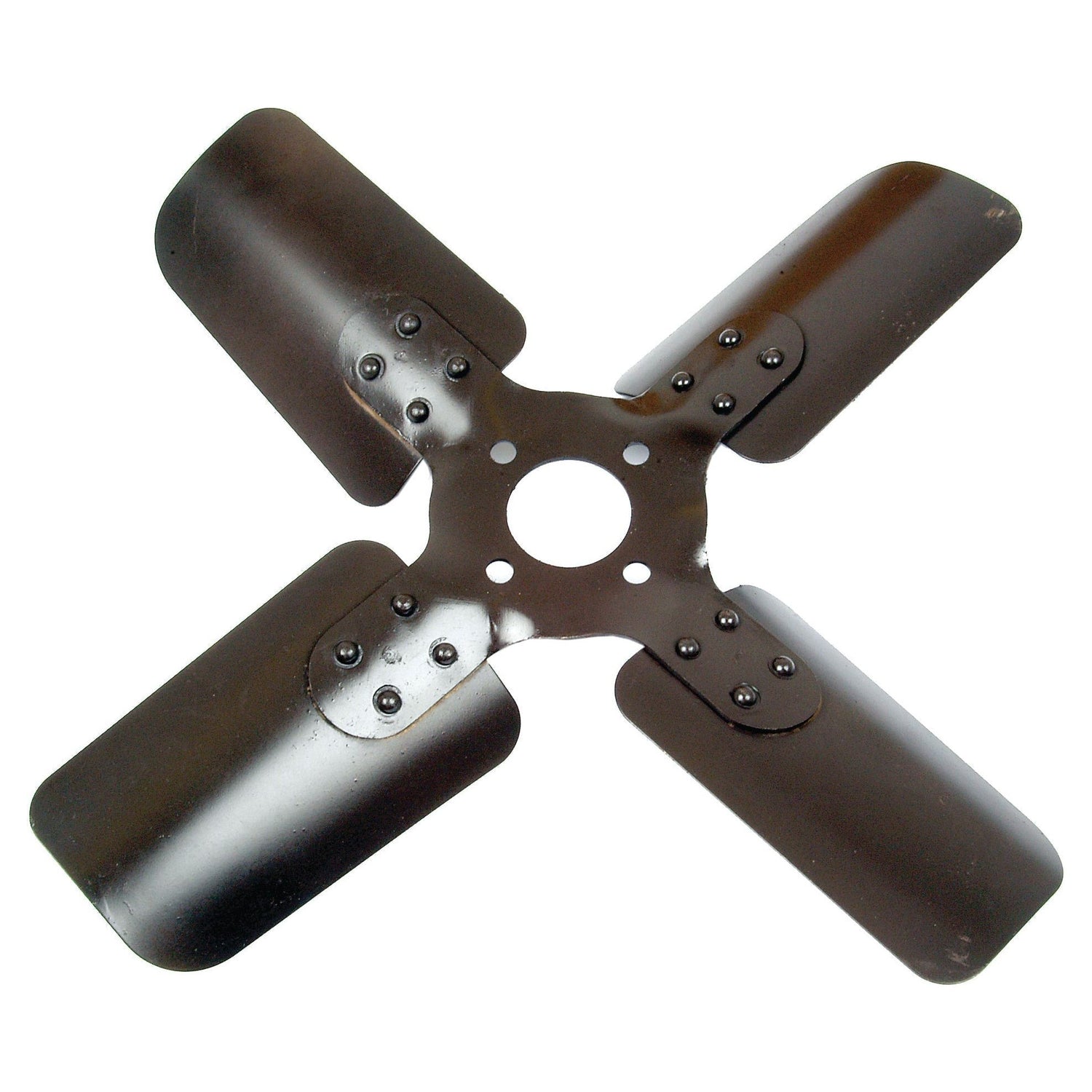The Sparex Fan Blade, part number S.41876, is a metal propeller featuring four blades, a central mounting hole, and multiple rivets on each blade, making it an ideal replacement part for Landini tractors.