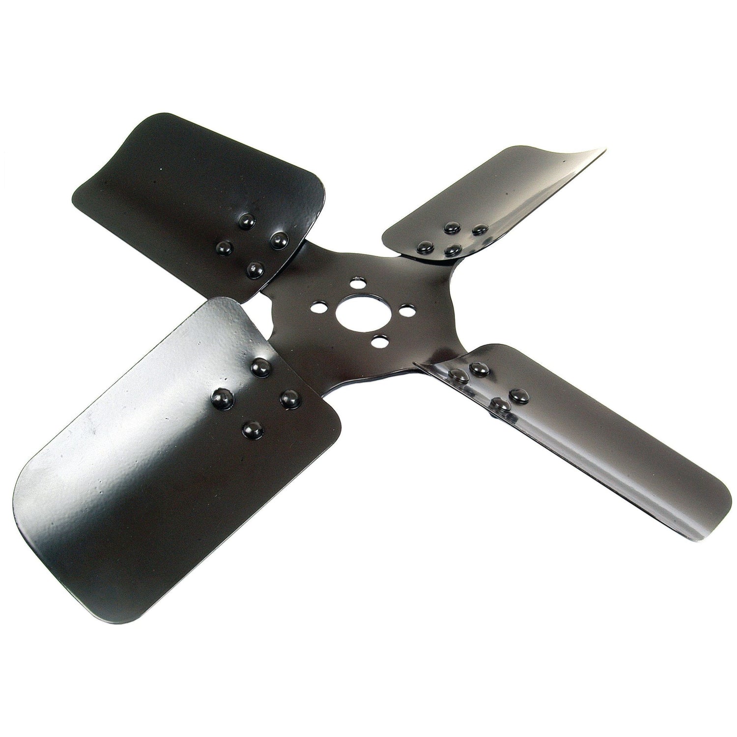 The Sparex Fan Blade (Part No. S.42229) is a four-blade metal component with a central mounting hole and rivets, uniformly shaped and laid flat on a white background, making it perfect for Massey Ferguson machinery.