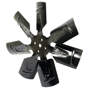 Sparex Fan Blade (Part No. S.66797), a black metal impeller with eight evenly spaced curved, angled blades around a central hub featuring four mounting holes, is compatible with Ford/New Holland systems.