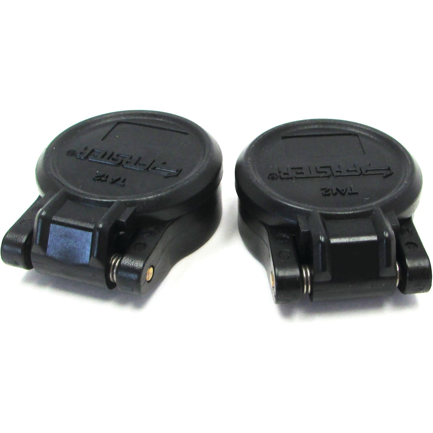Two black scope lens covers, each with a hinge and clasp on the bottom, are displayed side by side, showcasing their convenience and sleek design reminiscent of the practicality seen in Faster Dust Cap 1/2'' Black for Female Coupling - TA Series TA12N (2 pcs. Agripak) by Sparex.