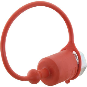 A Faster Dust Cap made of red PVC material, fitting a 1/4'' male coupling with a round loop and a tethered plug, part of the TFH Series (TFH 14 - S.113076), from the brand Sparex.