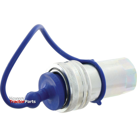 A metal cylindrical connector outfitted with a blue PVC protective cap attached by a flexible loop; branded "Sparex" and featuring an additional dust plug, specifically the Faster Dust Plug Blue PVC Fits 1'' Female Coupling - TM Series TM1, identified by Sparex Part No. S.112776.