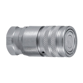 A close-up of the Faster Flat Faced Coupling Female 3/8'' Body x 1/2'' BSP Female Thread by Sparex (Sparex Part No. S.143064), showcasing its carbon steel construction, hexagonal base, textured grip, and smooth circular end for secure connections.