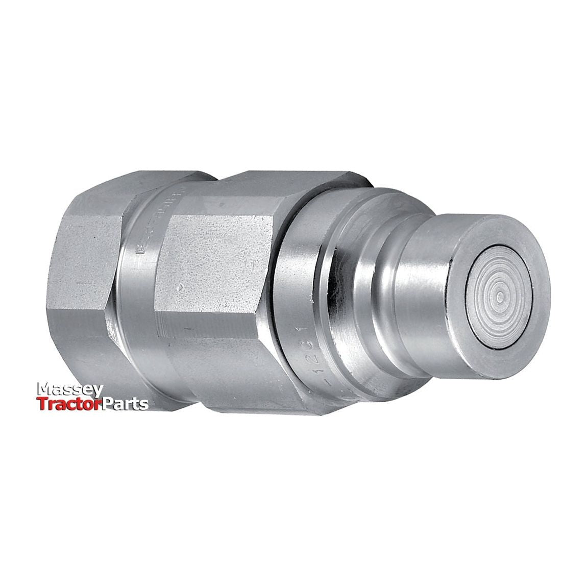 A silver carbon steel hydraulic quick-connect coupler fitting featuring a 1/4 BSP female thread and a push-to-connect mechanism, labeled "Faster Flat Faced Coupling Male 1/4'' Body x 1/4'' BSP Female Thread | Sparex Part No.S.112682" by Sparex.
