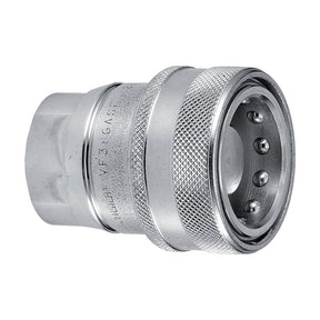Close-up of a Sparex Faster Hydraulic Trailer Brake Coupling Female 3/8'' BSP Female Thread (Sparex Part No.S.112794) featuring a textured grip and three visible ball bearings inside a circular opening, commonly used in hydraulic trailer brake systems.