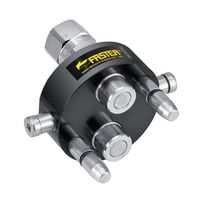 Image of a mechanical device with metallic components, labeled "Faster." The carbon steel device, identified as the Faster Multiport Coupling by Sparex (Sparex Part No.S.113075), has two primary valves and four coupling connectors protruding from a black cylindrical housing, featuring 1/2'' BSP Female Thread on its 2 ports coupling.