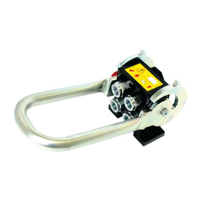 The Sparex Faster Multiport Coupling (Sparex Part No.S.112616) is a metal hydraulic quick coupler with four 1/2'' BSP female threaded ports, crafted from durable carbon steel, and featuring a yellow warning label for safety.
