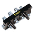 The Sparex Faster Multiport Coupling (Sparex Part No. S.31053) is a carbon steel hydraulic manifold with four ports, featuring metallic fittings and a dark-colored body. It includes 1/2'' body x M22 x 1.50 metric male threads for enhanced compatibility, and comes with one blanking plug.