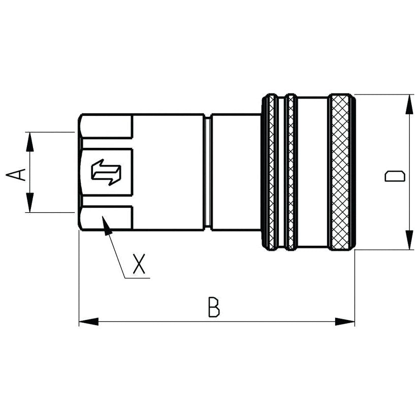 Technical drawing of the Faster Quick Release Hydraulic Coupling Female 1/4'' Body x 1/4'' BSP Female Thread (Sparex Part No. S.112645), showing labeled dimensions A, B, and X, along with a directional arrow indicating flow. The Sparex carbon steel coupling also features detailed textures and grooves.