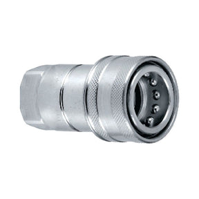 The Sparex Faster Quick Release Hydraulic Coupling Female 1'' Body x 1'' BSP Female Thread, Sparex Part No. S.136214, is a carbon steel hydraulic quick coupler with a hexagonal base and cylindrical body. It features an internal valve mechanism, BSP female thread, and a knurled surface for enhanced grip.