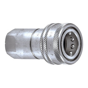 A close-up image of the Sparex Faster Quick Release Hydraulic Coupling Female 3/8'' Body x 3/8'' BSP Female Thread (Sparex Part No.S.112649) with its textured gripping surface and visible connection points, set against a white background for enhanced detail.