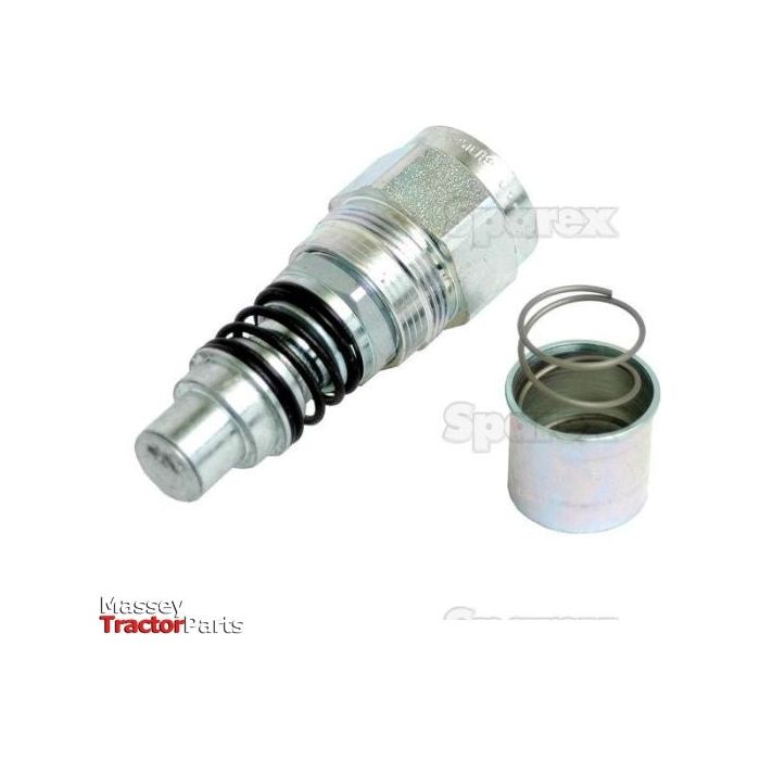 Close-up image of a 3/8'' - 1/2'' BSP Kit Multifaster Female Cartridge metallic automotive part from Sparex, with an exposed spring, next to a small open container. The label reads "Massey Tractor Parts.