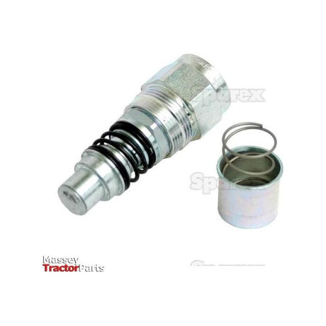 Close-up image of a 3/8'' - 1/2'' BSP Kit Multifaster Female Cartridge metallic automotive part from Sparex, with an exposed spring, next to a small open container. The label reads "Massey Tractor Parts.