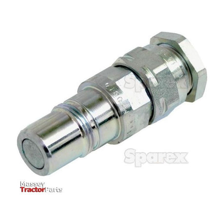 The Kit Multifaster - Male Cartridge (Sparex Part No. S.31071) features a metallic hydraulic quick release coupling fitting with hexagonal and cylindrical sections, and a smooth connection interface. Logos for Massey Tractor Parts and Sparex are visible. This versatile male cartridge is compatible with 3/8'' BSP connections.