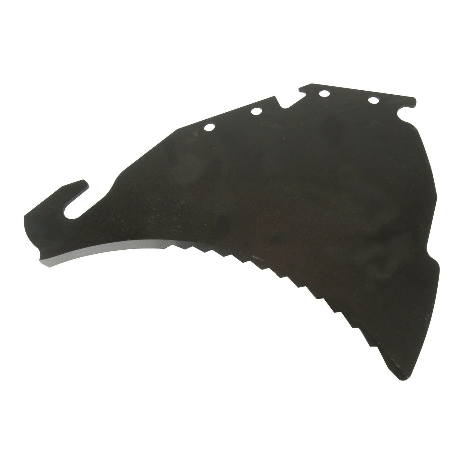 A 475mm x 350mm x 5mm metal blade with jagged edges and a hook on one side, featuring three holes near the top; ideal as a Strautmann replacement part. Available as Sparex Part No. S.22877, compatible with reference number 41018501.