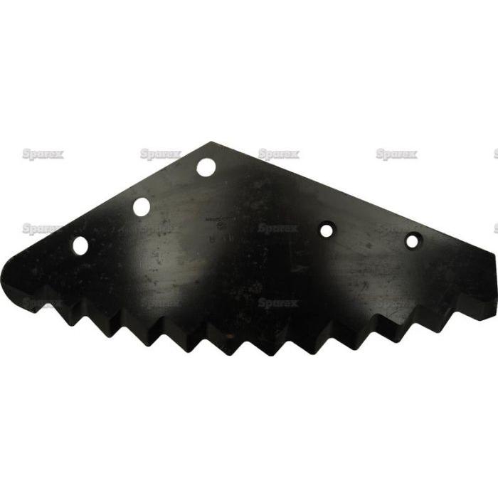 A black, metal Feeder Wagon Blade by Sparex, measuring 543mm x 222mm x 6mm, with five attachment holes and a serrated edge on one side, designed as a replacement part for AGM and Faresin farming equipment. To fit as part number: 512006450 (Sparex Part No.S.106413).