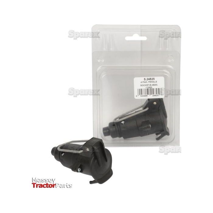 Packaging and close-up view of a Sparex Female 7 Pin Trailer Socket, marked "S.24825 Agripak," displayed against a plain background.
