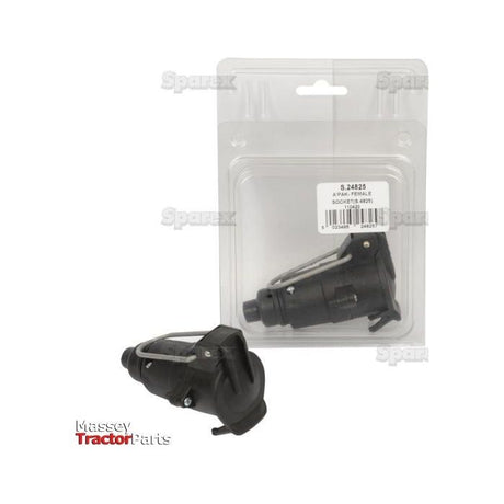 Packaging and close-up view of a Sparex Female 7 Pin Trailer Socket, marked "S.24825 Agripak," displayed against a plain background.