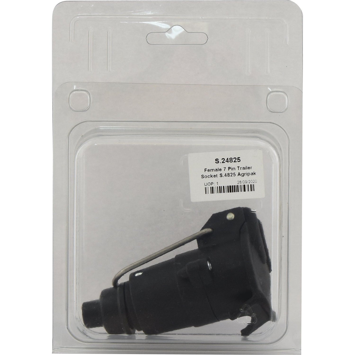 A black plastic-wrapped Sparex Female 7 Pin Trailer Socket S.4825 Agripak (Sparex Part No. S.24825), complete with a labeled product detail and a barcode at the top.