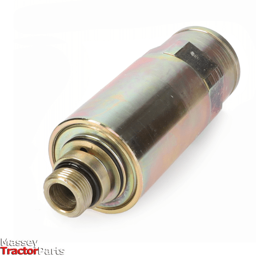 Close-up image of a metallic cylindrical hydraulic component with threaded ends, set against a white background. The AGCO logo is partially visible in the bottom left corner, implying that this Massey Ferguson - Female Coupler - 3796940M2 is suitable for 5400 Series models and DYNA VT/DYNA STEP systems.