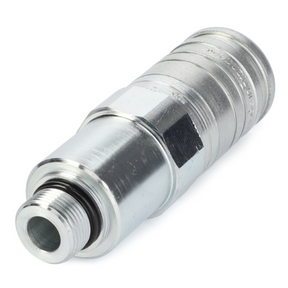 The AGCO Massey Ferguson Female Coupler (Part Number: 3905722M91) is a metal hydraulic quick-connect coupling with a threaded end, featuring a cylindrical design and ridged sections for grip, ideal for the Massey Ferguson 300 Series.