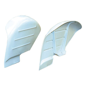 Two white plastic fender sets are shown, one facing front and the other revealing the inner support structure. Ideal for Ford / New Holland applications, these guards are compatible with Sparex part number S.67062.