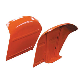 Two orange metal tractor fenders, part of the Sparex Fender Set (RH & LH) with Part No. S.67066, stand upright and side-by-side, revealing both their outer and inner sides like protective shells.