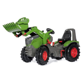 A green and grey AGCO Fendt 1050 Vario toy pedal tractor with red wheels, a functional front loader, two gears, a brake, and an adjustable seat for added comfort (Product Code: X991017195000).