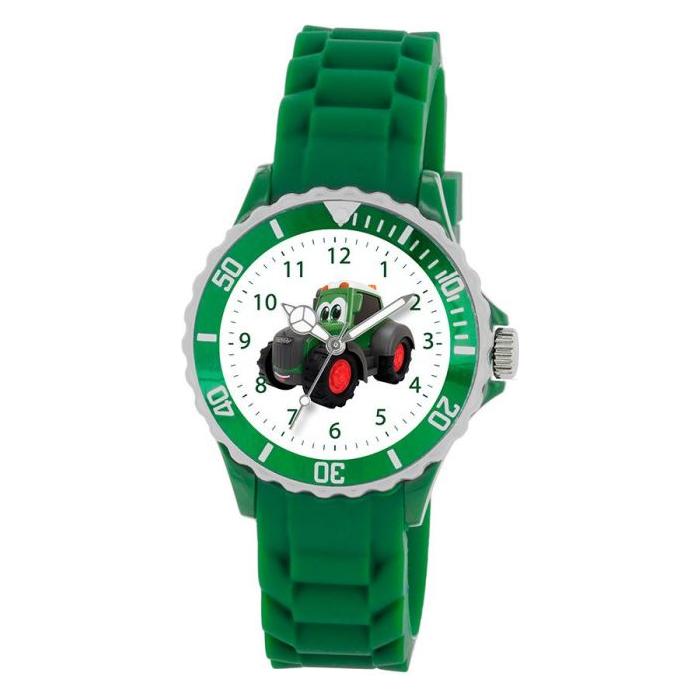 The Fendt - Fendt Children's Watch - X991020242000 by AGCO features a green wristwatch with a cartoon tractor on the dial and a comfortable green silicone strap, powered by a reliable Seiko mechanism. Perfect as a children's watch for everyday adventures.