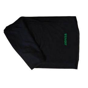 An AGCO Fendt-branded neck warmer, model MS-TH8000BKFD, lies on a beige surface with the Massey Tractor Parts logo in the bottom left corner.