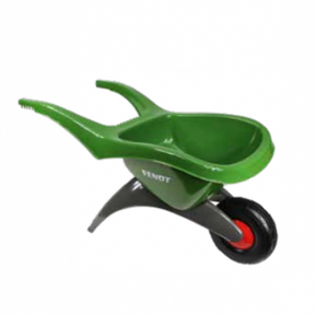A compact and robust green wheelbarrow, featuring a single black and red wheel, reminiscent of Fendt design, is shown against a white background. The product is the "Fendt Plastic Wheelbarrow - X991019071000" by AGCO.