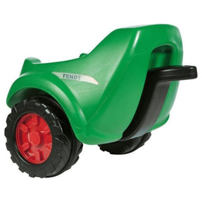 A green and black Fendt children's ride-on toy tractor, viewed from a rear angle, features large red and black wheels. This Minitrac Tractor is compatible with the AGCO branded Fendt Trailer (Product Code: X991006250000) for extended playtime fun.