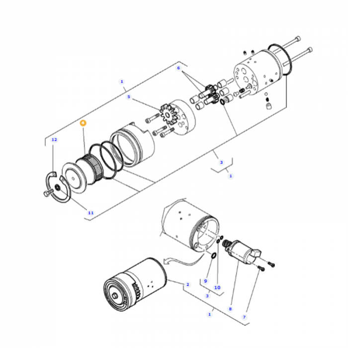 Exploded view diagram of a mechanical assembly, depicting various components labeled with numbers, including gears, rings, a cylindrical housing, and fasteners—ideal for understanding the inner workings of AGCO's Massey Ferguson Filter - 3907525M1.