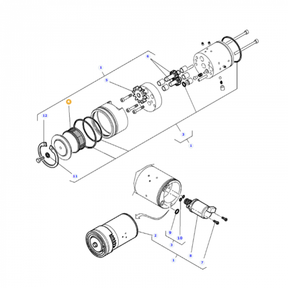 Exploded view diagram of a mechanical assembly, depicting various components labeled with numbers, including gears, rings, a cylindrical housing, and fasteners—ideal for understanding the inner workings of AGCO's Massey Ferguson Filter - 3907525M1.