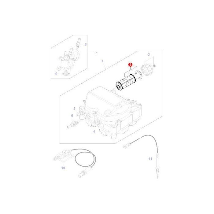 Schematic diagram of a Massey Ferguson - Filter Ad Blue - V837079423 engine component assembly from AGCO, displaying numbered parts, connectors, and circuitry against a white background.