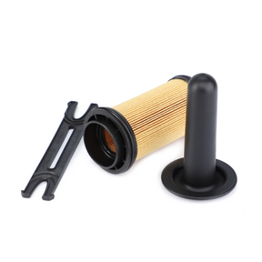 A cylindrical Massey Ferguson Filter Ad Blue (V837079423) from AGCO and two black plastic tools are arranged on a white background.