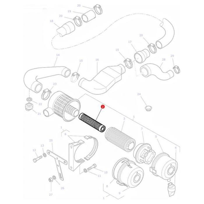 Exploded view of a mechanical component assembly featuring various pipes, filters, bolts, and other parts, each labeled with numbered reference points. This detailed diagram is perfect for those familiar with Massey Ferguson parts or maintaining a Deutz-Fahr DX4 Series. For instance, the AGCO branded Massey Ferguson - Filter Air Inner - H117200090160 is clearly identified among the components.