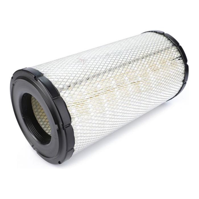 The AGCO Massey Ferguson - Filter Air Outer - 4271467M1 features black plastic ends and a metal mesh surrounding the pleated filter material, making it ideal for Massey Ferguson tractors.