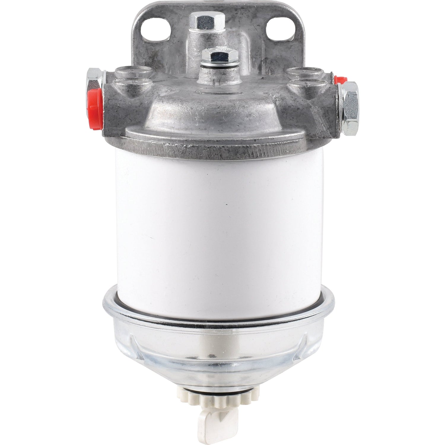 A cylindrical metal Tractor Filter Assembly named the Sparex S.60425 features a white body and a transparent bottom section. The top includes two red-capped inlets and a mounting bracket.