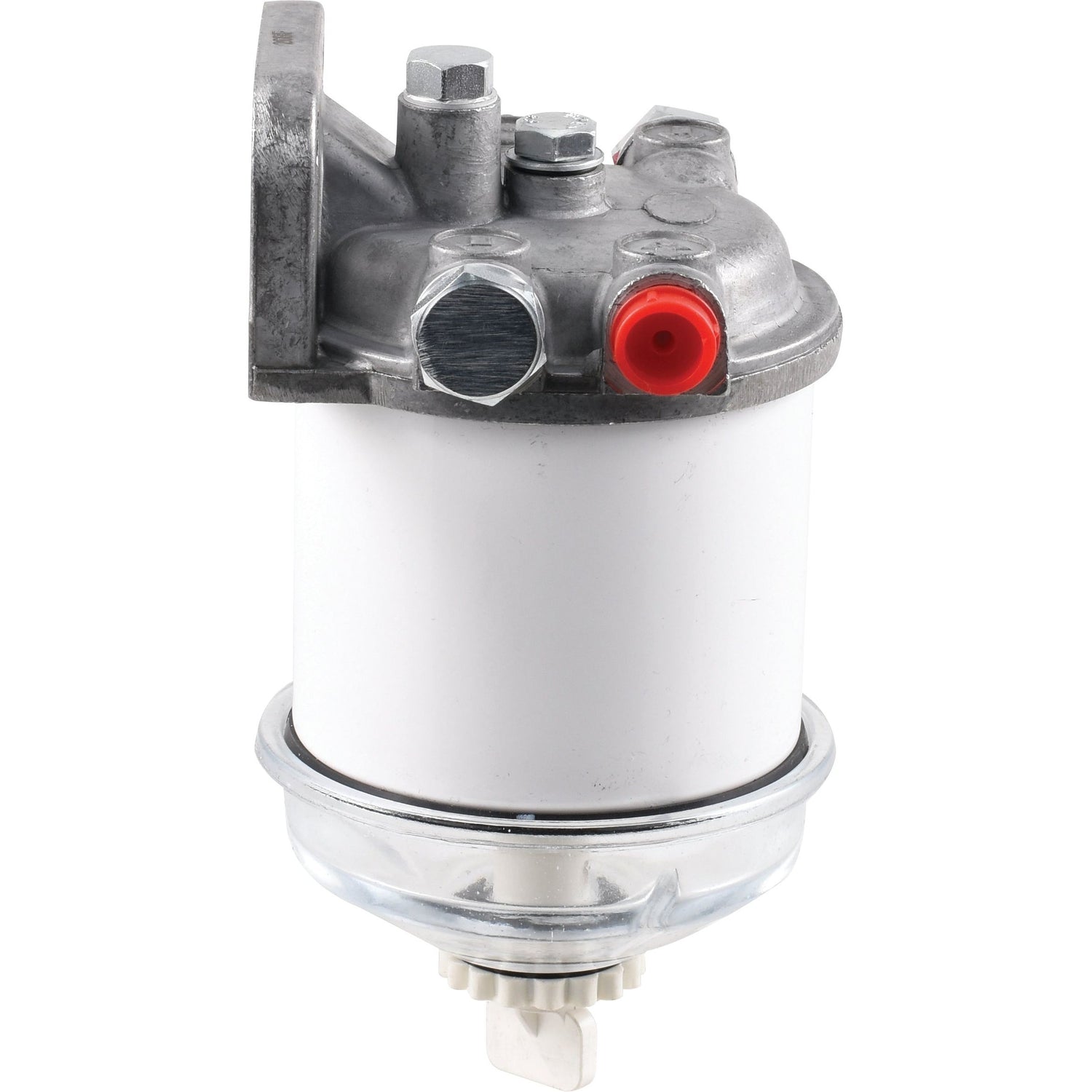 The Filter Assembly (Sparex Part No. S.60425) by Sparex is a cylindrical metal fuel filter with a white body, silver top and bottom, various connectors, and a transparent section at the bottom, designed for tractor fuel assemblies.