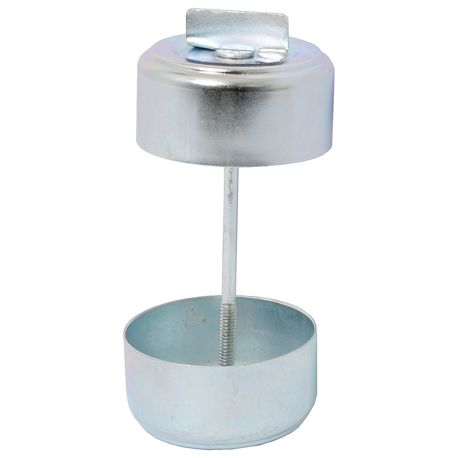 A metallic, cylindrical object with a central rod connecting two cup-like structures, one inverted on top and the other on the bottom. The top part has a small handle, resembling the Sparex Filter Bowl Cover (Sparex Part No. S.42874).