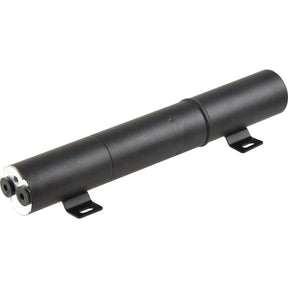A Filter Drier - S.106753 by Sparex is a black cylindrical metal object with mounting brackets on each side and two openings at one end, making it suitable for various industrial applications.