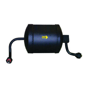 Image of the Sparex Filter Drier - S.106785, a black cylindrical automotive accumulator with inlet and outlet tubes, featuring a yellow arrow indicating the direction of flow and detailed product specifications.