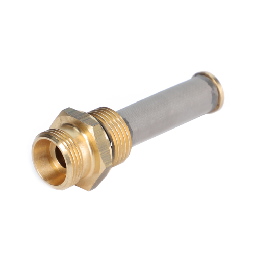 Product: Massey Ferguson Filter Element - 3909495M1 by AGCO features a cylindrical metal body with a brass hexagonal head and a threaded pipe extending from it, commonly found in Massey Ferguson DYNA 4 and DYNA 6 models.