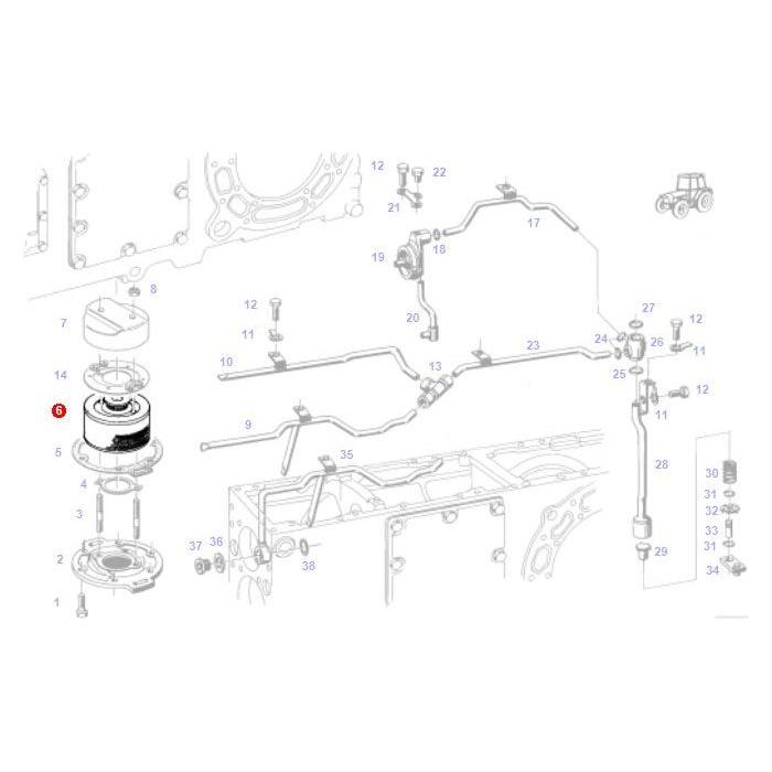 A technical diagram of an engine assembly and its components, including Fendt models with parts labeled by numbers, such as pipes, bolts, and structures. The diagram is presented in a simplified line art style showcasing the AGCO brand's Fendt Filter Element - F285102050010.